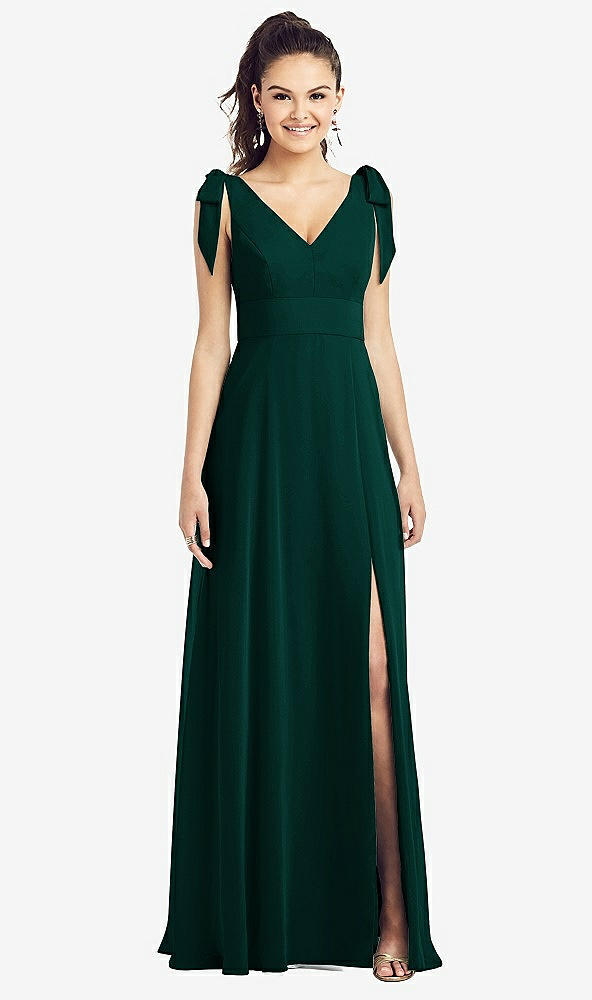 【STYLE: TH018】Bow-Shoulder V-Back Chiffon Gown with Front Slit【COLOR: Evergreen】