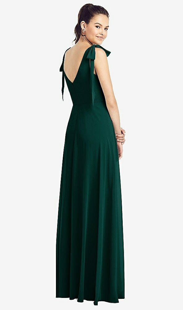 【STYLE: TH018】Bow-Shoulder V-Back Chiffon Gown with Front Slit【COLOR: Evergreen】