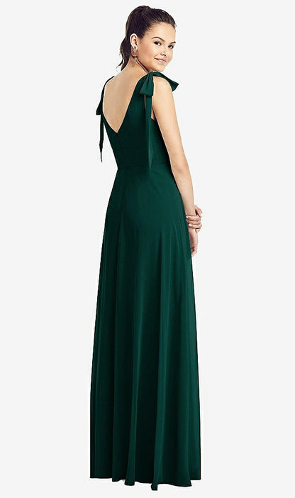 【STYLE: TH018】Bow-Shoulder V-Back Chiffon Gown with Front Slit【COLOR: Evergreen】