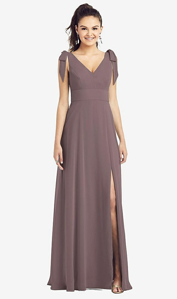 【STYLE: TH018】Bow-Shoulder V-Back Chiffon Gown with Front Slit【COLOR: French Truffle】