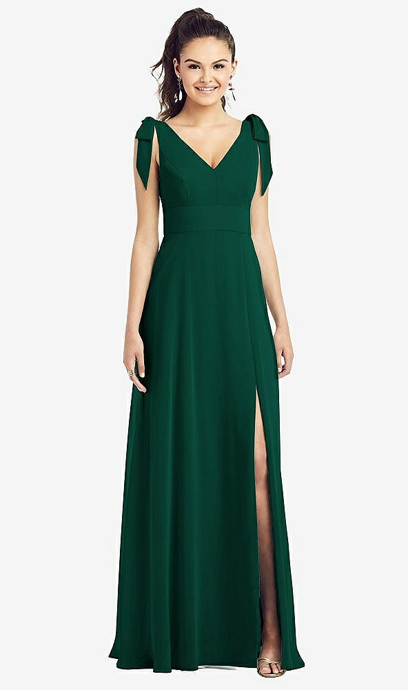 【STYLE: TH018】Bow-Shoulder V-Back Chiffon Gown with Front Slit【COLOR: Hunter Green】
