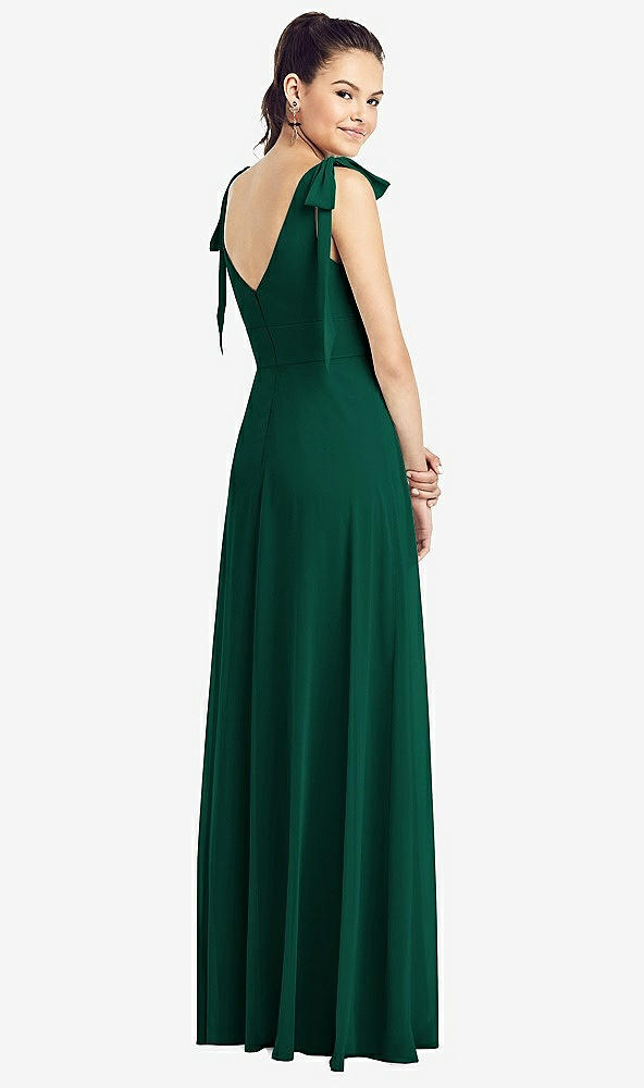 【STYLE: TH018】Bow-Shoulder V-Back Chiffon Gown with Front Slit【COLOR: Hunter Green】