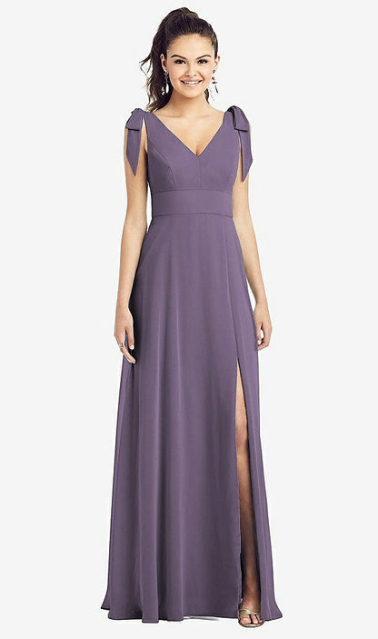 【NEW】【STYLE: TH018】弓肩 Vバック シフォン ガウン 前面 スリット【COLOR: Lavender】【SIZE: 00-30W】
