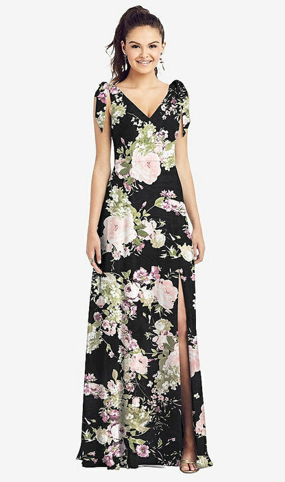 【NEW】【STYLE: TH018】弓肩 Vバック シフォン ガウン 前面 スリット【COLOR: Noir Garden】【SIZE: 00-30W】