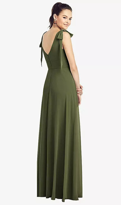 【NEW】【STYLE: TH018】弓肩 Vバック シフォン ガウン 前面 スリット【COLOR: Olive Green】【SIZE: 00-30W】