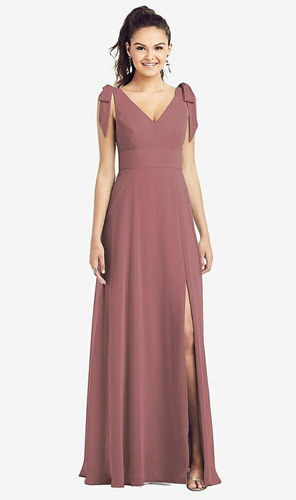 【STYLE: TH018】Bow-Shoulder V-Back Chiffon Gown with Front Slit【COLOR: Rosewood】