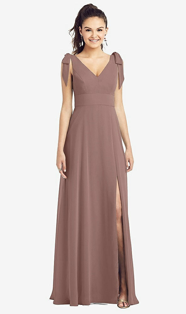 【STYLE: TH018】Bow-Shoulder V-Back Chiffon Gown with Front Slit【COLOR: Sienna】