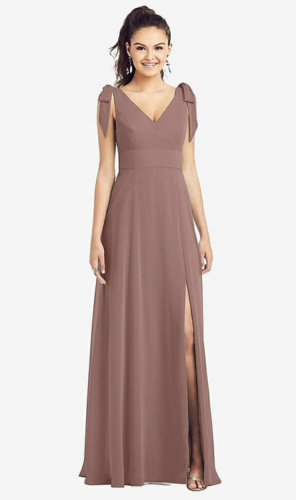 【STYLE: TH018】Bow-Shoulder V-Back Chiffon Gown with Front Slit【COLOR: Sienna】