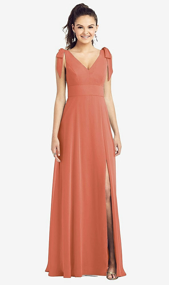 【STYLE: TH018】Bow-Shoulder V-Back Chiffon Gown with Front Slit【COLOR: Terracotta Copper】