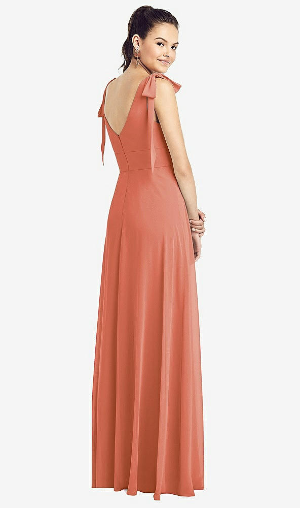 【STYLE: TH018】Bow-Shoulder V-Back Chiffon Gown with Front Slit【COLOR: Terracotta Copper】