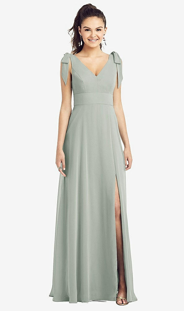 【STYLE: TH018】Bow-Shoulder V-Back Chiffon Gown with Front Slit【COLOR: Willow Green】