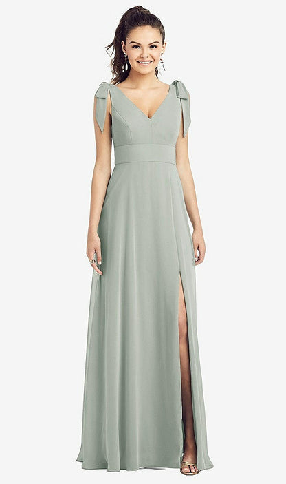 【STYLE: TH018】Bow-Shoulder V-Back Chiffon Gown with Front Slit【COLOR: Willow Green】