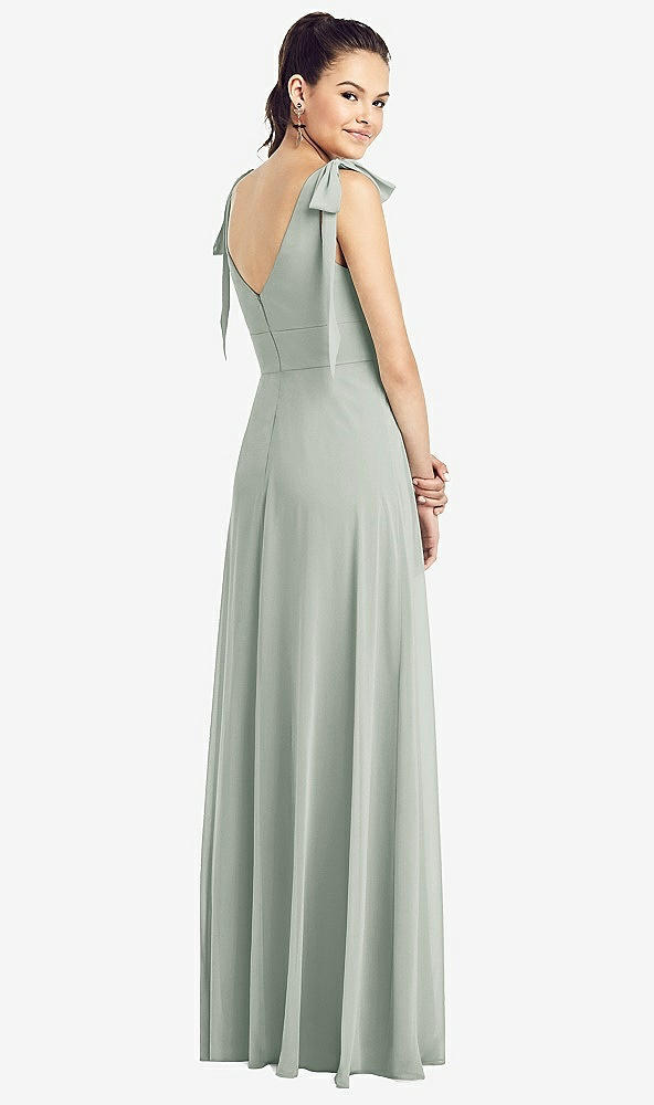 【STYLE: TH018】Bow-Shoulder V-Back Chiffon Gown with Front Slit【COLOR: Willow Green】