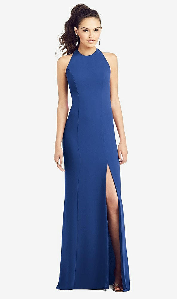 【STYLE: TH020】Open-Back Jewel Neck Trumpet Gown with Front Slit【COLOR: Classic Blue】