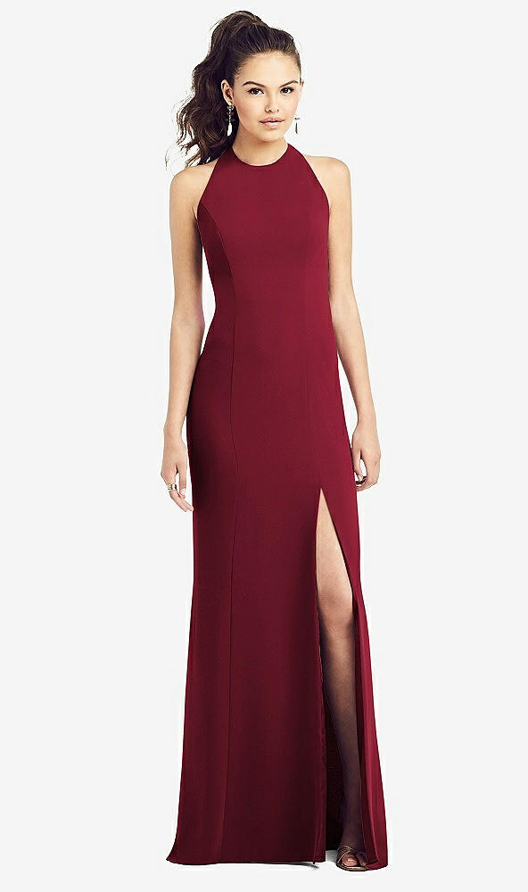 【STYLE: TH020】Open-Back Jewel Neck Trumpet Gown with Front Slit【COLOR: Burgundy】