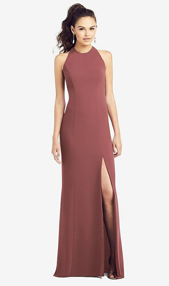 【STYLE: TH020】Open-Back Jewel Neck Trumpet Gown with Front Slit【COLOR: English Rose】