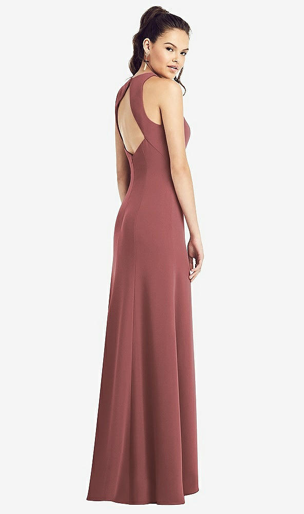 【STYLE: TH020】Open-Back Jewel Neck Trumpet Gown with Front Slit【COLOR: English Rose】