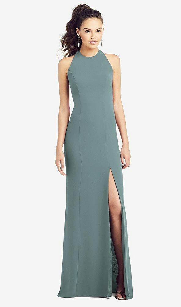 【STYLE: TH020】Open-Back Jewel Neck Trumpet Gown with Front Slit【COLOR: Icelandic】