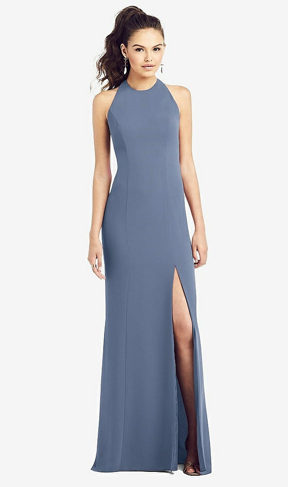 【STYLE: TH020】Open-Back Jewel Neck Trumpet Gown with Front Slit【COLOR: Larkspur Blue】