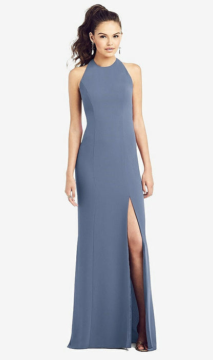 【STYLE: TH020】Open-Back Jewel Neck Trumpet Gown with Front Slit【COLOR: Larkspur Blue】