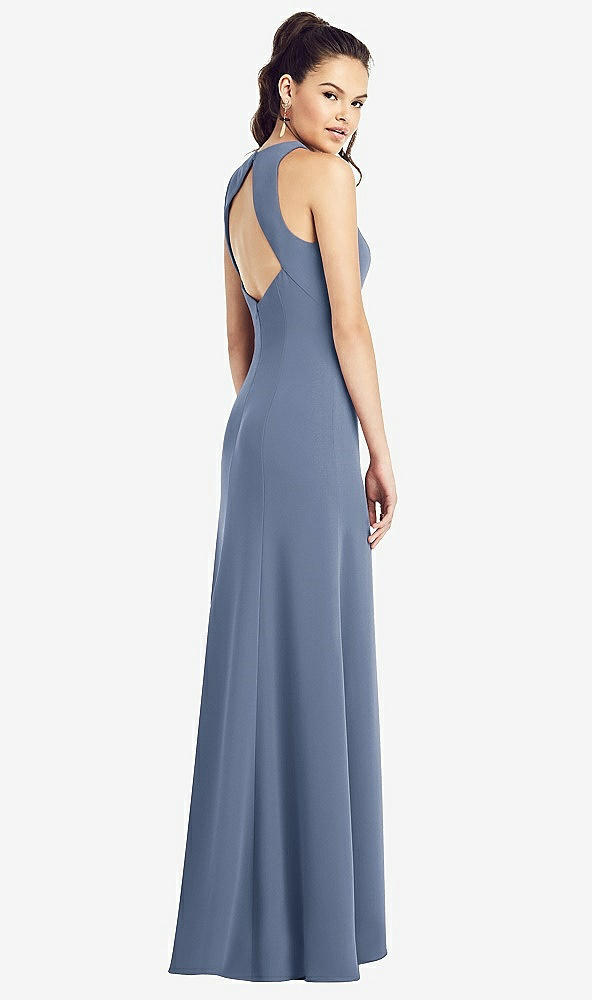 【STYLE: TH020】Open-Back Jewel Neck Trumpet Gown with Front Slit【COLOR: Larkspur Blue】