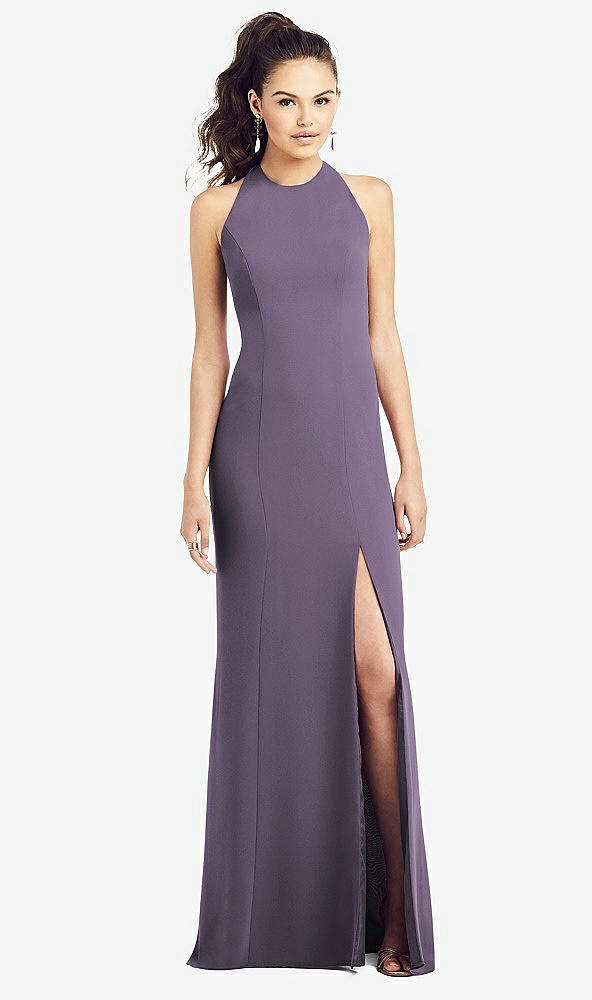 【STYLE: TH020】Open-Back Jewel Neck Trumpet Gown with Front Slit【COLOR: Lavender】