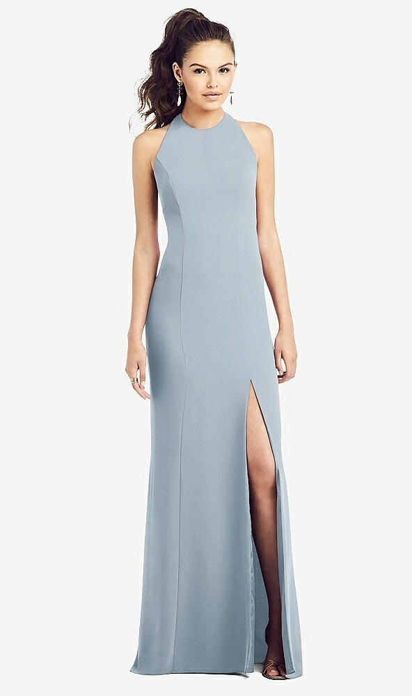 【STYLE: TH020】Open-Back Jewel Neck Trumpet Gown with Front Slit【COLOR: Mist】