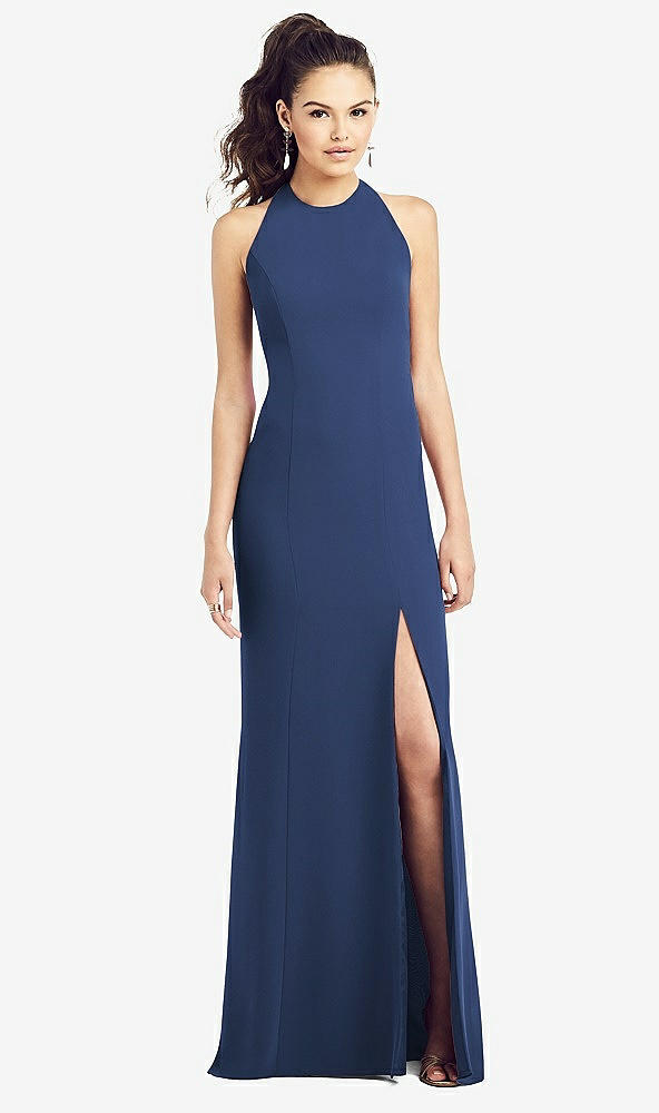 【STYLE: TH020】Open-Back Jewel Neck Trumpet Gown with Front Slit【COLOR: Sailor】