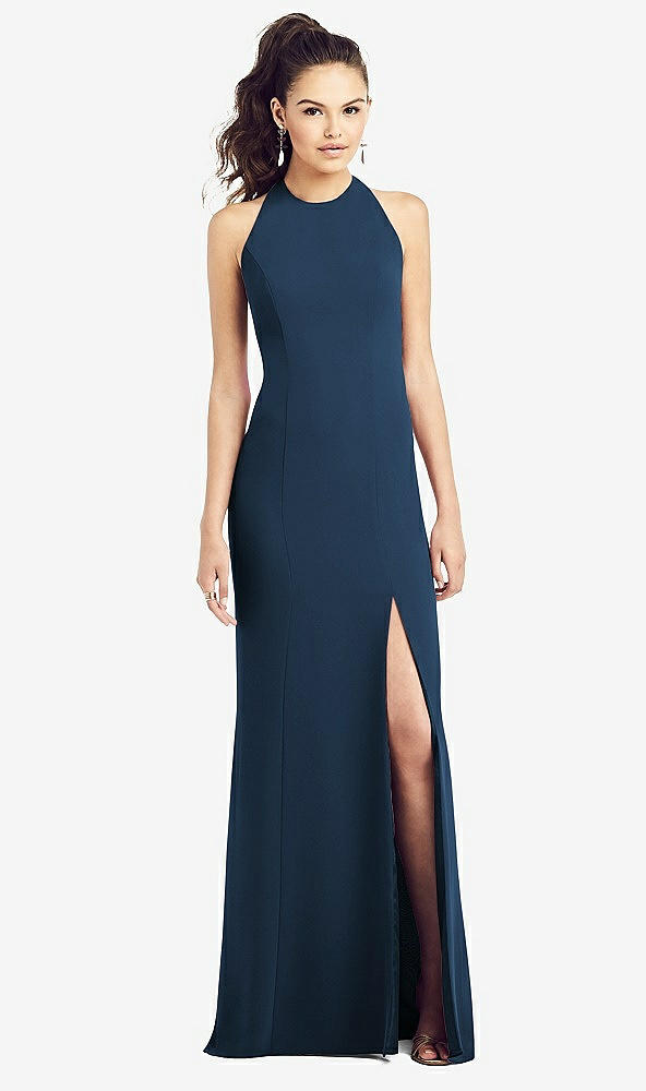 【STYLE: TH020】Open-Back Jewel Neck Trumpet Gown with Front Slit【COLOR: Sofia Blue】
