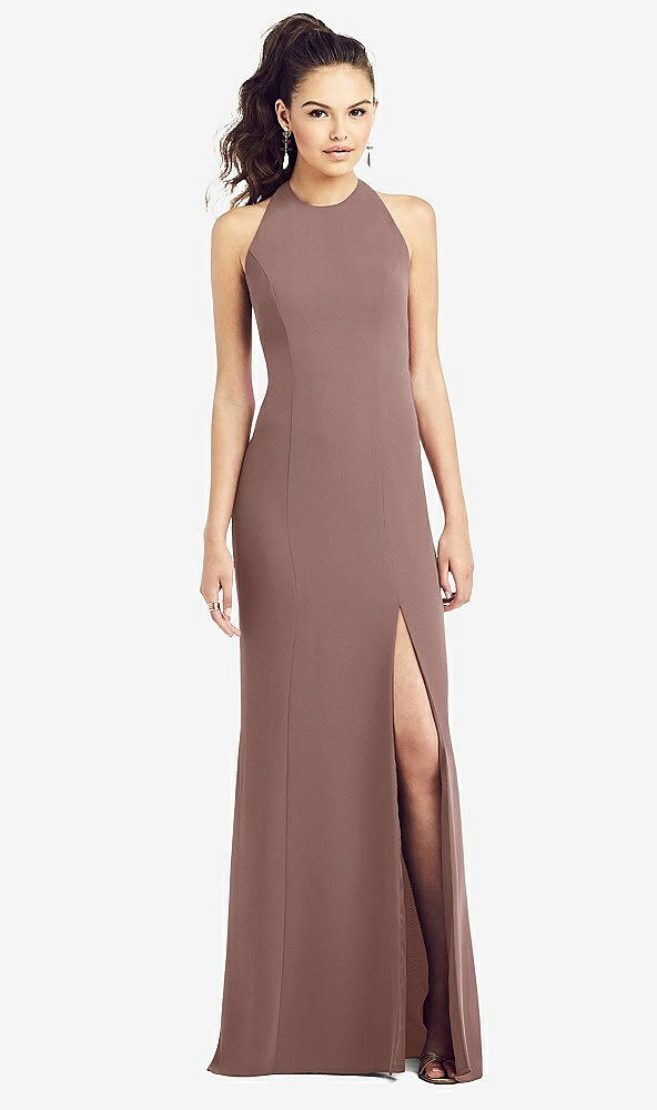 【STYLE: TH020】Open-Back Jewel Neck Trumpet Gown with Front Slit【COLOR: Sienna】
