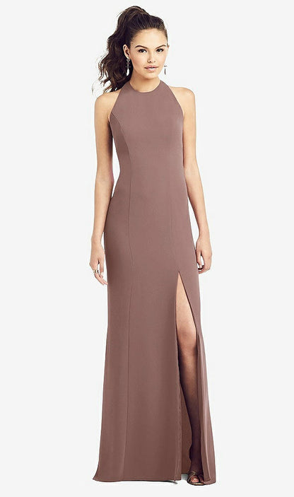 【STYLE: TH020】Open-Back Jewel Neck Trumpet Gown with Front Slit【COLOR: Sienna】