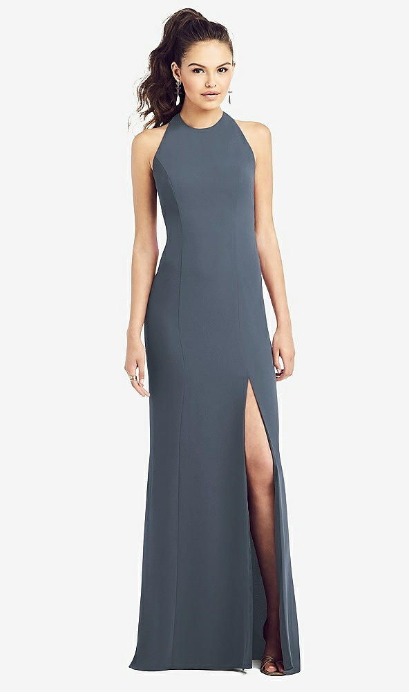 【STYLE: TH020】Open-Back Jewel Neck Trumpet Gown with Front Slit【COLOR: Silverstone】