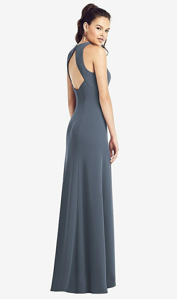 【STYLE: TH020】Open-Back Jewel Neck Trumpet Gown with Front Slit【COLOR: Silverstone】