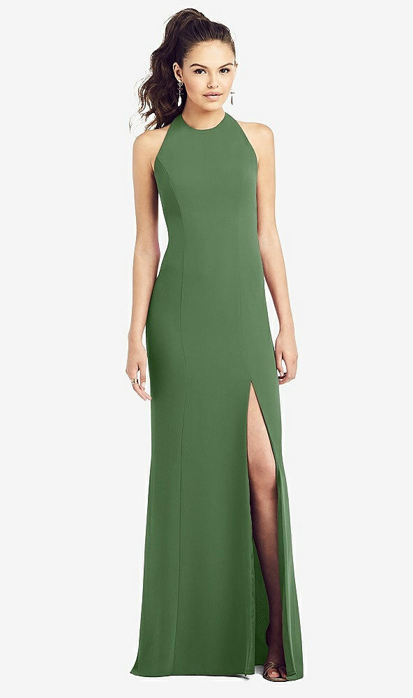【STYLE: TH020】Open-Back Jewel Neck Trumpet Gown with Front Slit【COLOR: Vineyard Green】