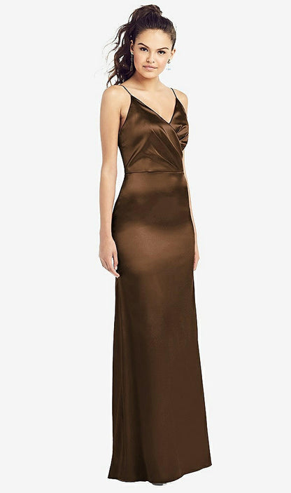 【STYLE: TH022】Slim Spaghetti Strap Wrap Bodice Trumpet Gown【COLOR: Latte】