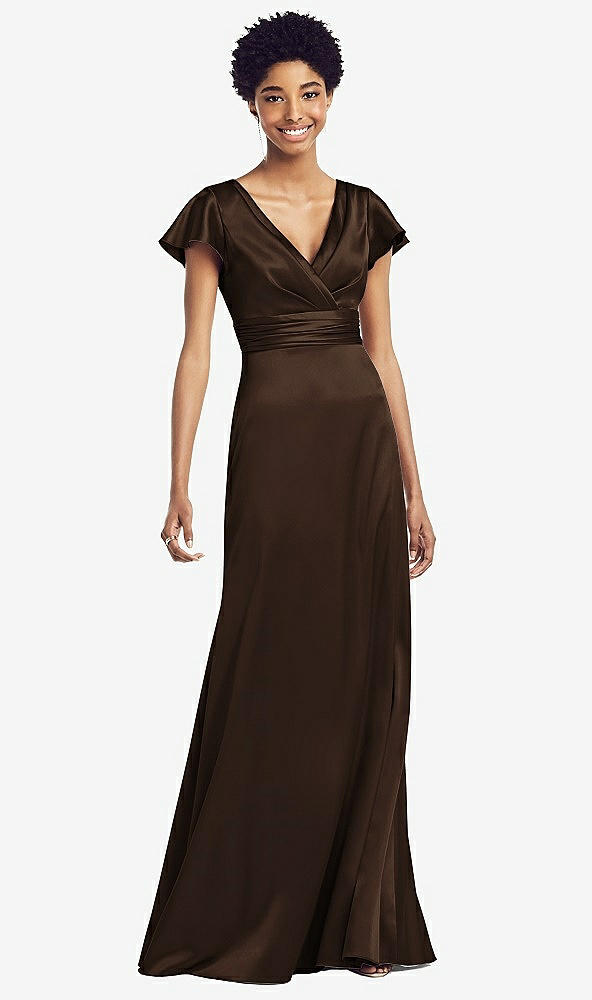【STYLE: 8197】Flutter Sleeve Draped Wrap Stretch Maxi Dress【COLOR: Espresso】