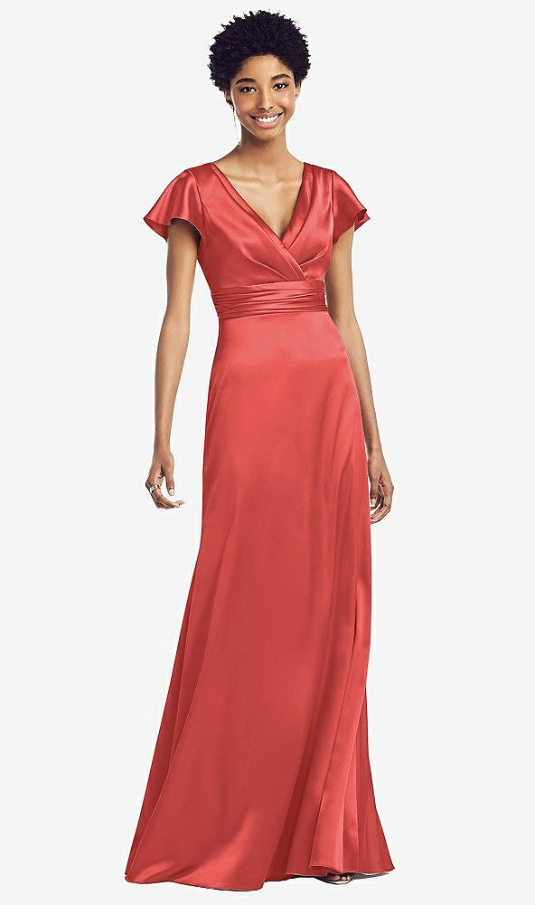 【STYLE: 8197】Flutter Sleeve Draped Wrap Stretch Maxi Dress【COLOR: Perfect Coral】