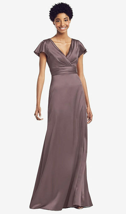 【STYLE: 8197】Flutter Sleeve Draped Wrap Stretch Maxi Dress【COLOR: French Truffle】