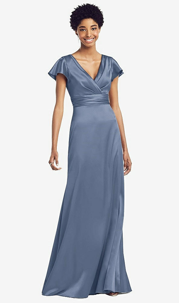 【STYLE: 8197】Flutter Sleeve Draped Wrap Stretch Maxi Dress【COLOR: Larkspur Blue】