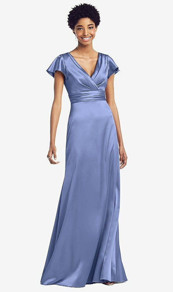 【STYLE: 8197】Flutter Sleeve Draped Wrap Stretch Maxi Dress【COLOR: Periwinkle - PANTONE Serenity】