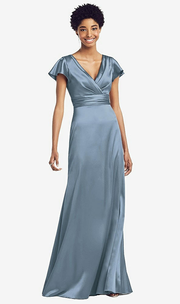 【STYLE: 8197】Flutter Sleeve Draped Wrap Stretch Maxi Dress【COLOR: Slate】