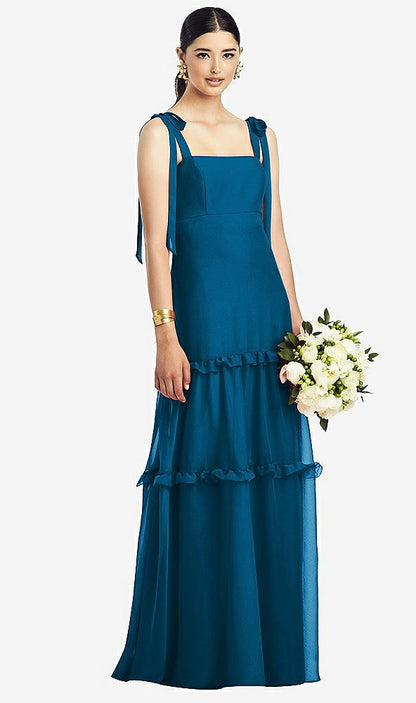 【STYLE: 1529】Bowed Tie-Shoulder Chiffon Dress with Tiered Ruffle Skirt【COLOR: Ocean Blue】