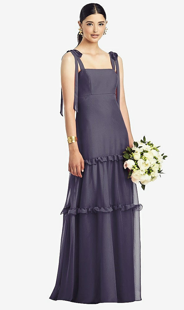 【NEW】【STYLE: 1529】弓 タイショルダー シフォン ドレス 階層 フリル スカート【COLOR: Stormy】【SIZE: 00-30W】