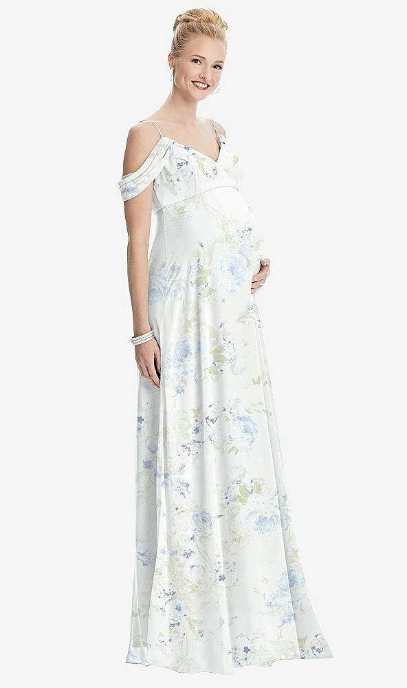 【STYLE: M442】Draped Cold-Shoulder Chiffon Maternity Dress【COLOR: Bleu Garden】