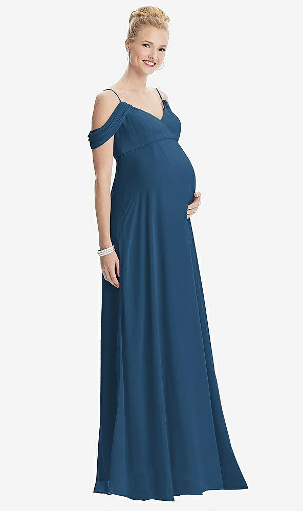 【STYLE: M442】Draped Cold-Shoulder Chiffon Maternity Dress【COLOR: Dusk Blue】