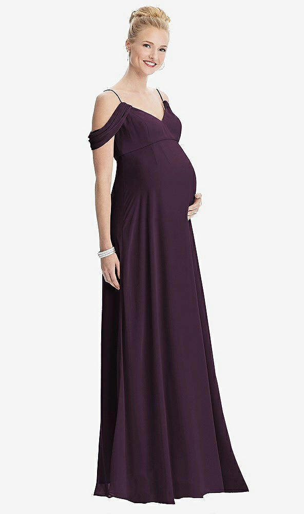 【STYLE: M442】Draped Cold-Shoulder Chiffon Maternity Dress【COLOR: Aubergine】