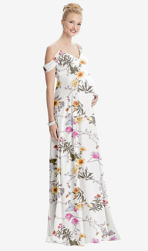 【STYLE: M442】Draped Cold-Shoulder Chiffon Maternity Dress【COLOR: Butterfly Botanica Ivory】