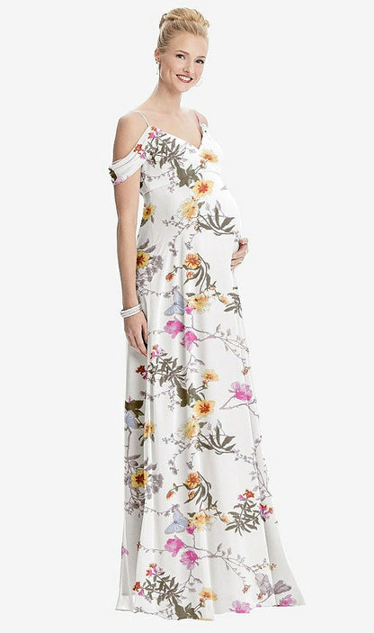【STYLE: M442】Draped Cold-Shoulder Chiffon Maternity Dress【COLOR: Butterfly Botanica Ivory】