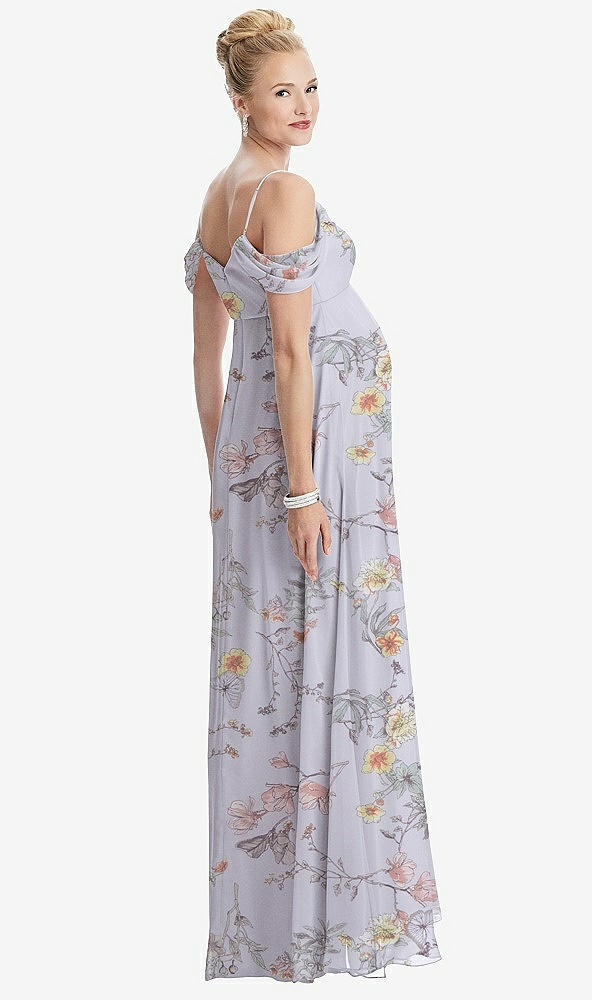 【STYLE: M442】Draped Cold-Shoulder Chiffon Maternity Dress【COLOR: Butterfly Botanica Silver Dove】