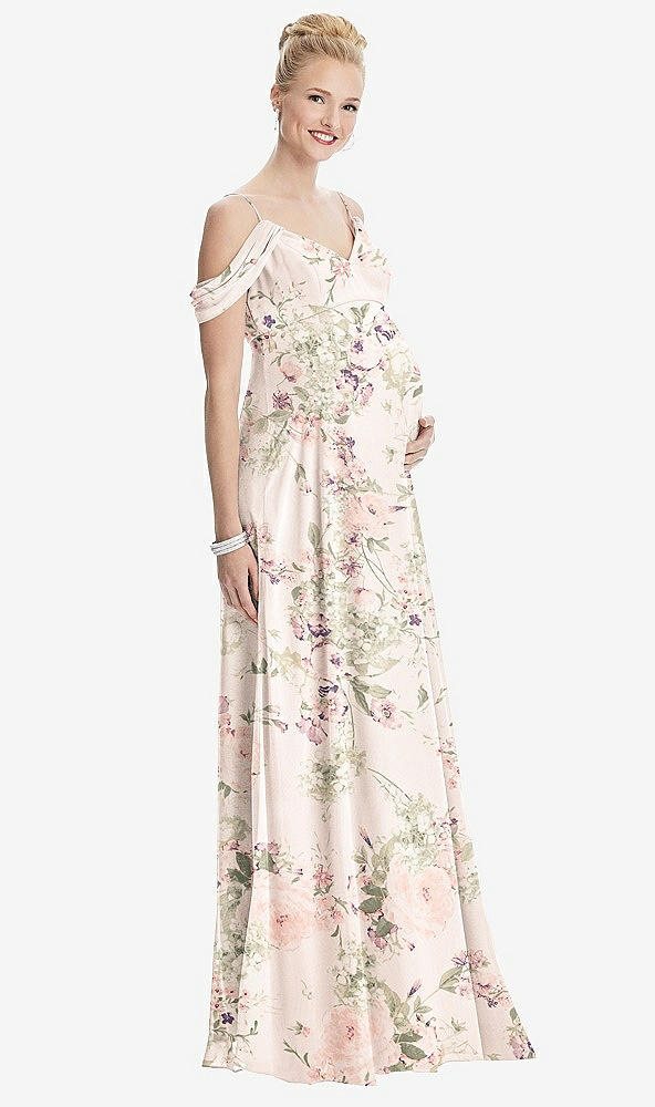 【STYLE: M442】Draped Cold-Shoulder Chiffon Maternity Dress【COLOR: Blush Garden】